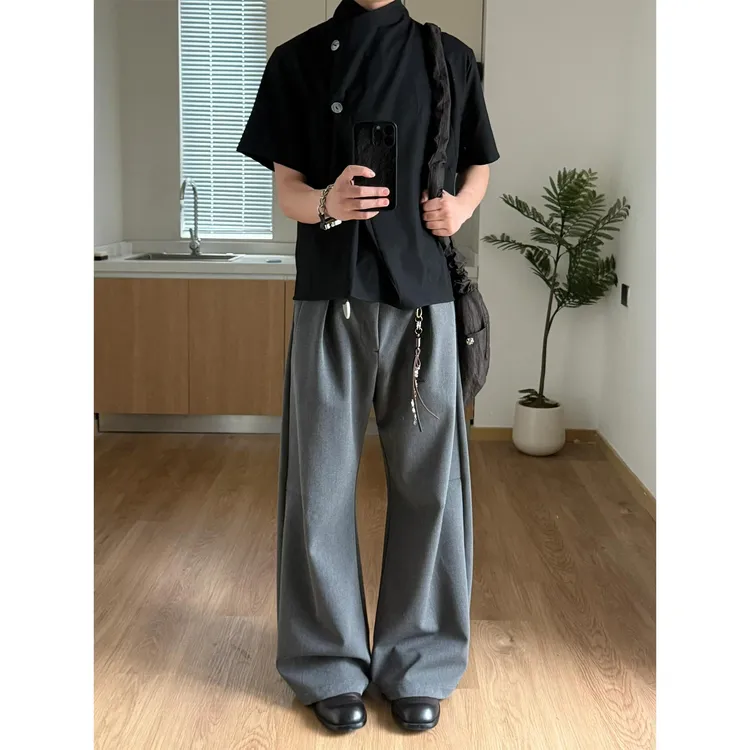 深灰色a字西裤男款高级感痞帅工字褶裤子cleanfit休闲阔腿弯刀裤
