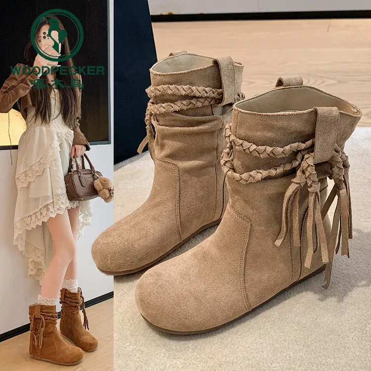 啄木鸟复古美拉德平底内增高短靴女款2025年新款秋季显瘦堆堆靴子