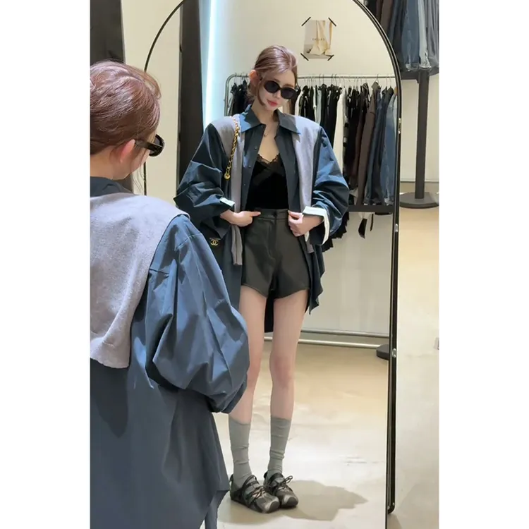 2025早秋新款韩系穿搭翻领长袖衬衫百搭修身披肩高腰显瘦阔腿短裤