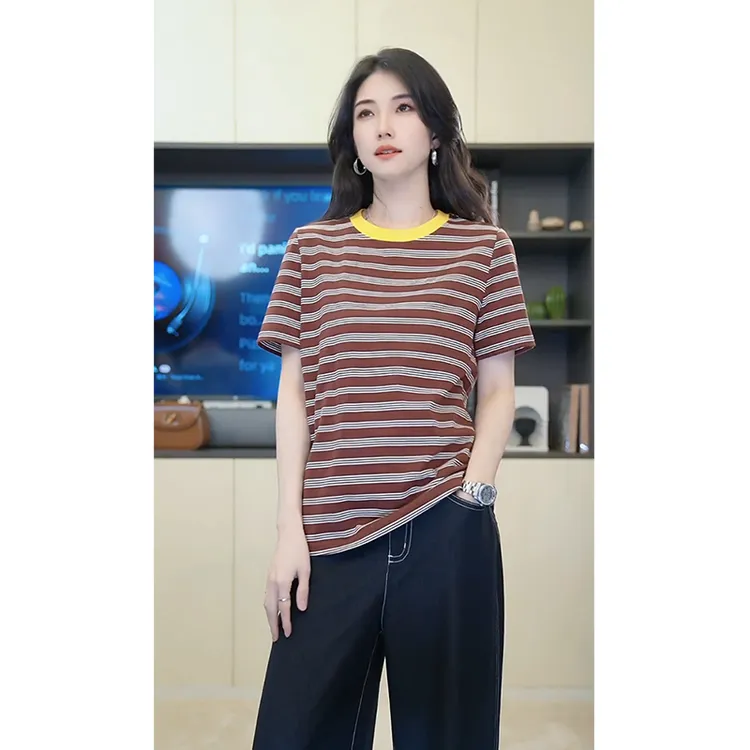 小乖逃X黄色领子条纹T恤 字母标白咖条纹慵懒宽松上衣 S25244