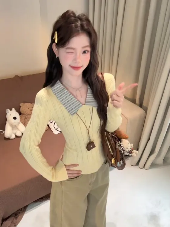 韩系学院风翻领条纹毛衣针织衫女秋冬高级感甜美修身内搭黄色上衣