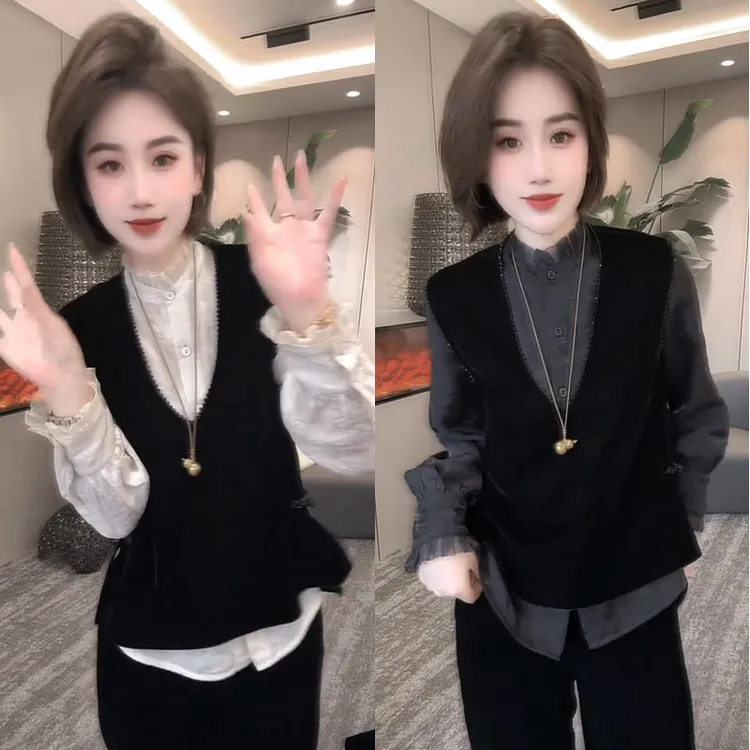 (有运费险）新中式V领马甲设计感衬衫两件套秋季新款百搭时尚套装