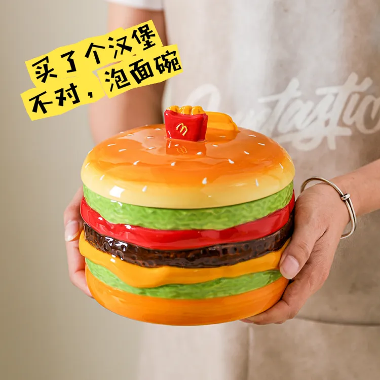 网红巨无霸汉堡泡面碗宿舍居家新款汤碗创意手机支架一物两用手绘
