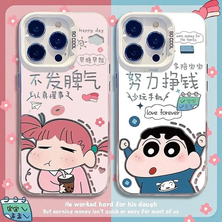 努力挣钱小新适用iPhone16手机壳VIVO全包OPPO防摔华为荣耀彩银壳