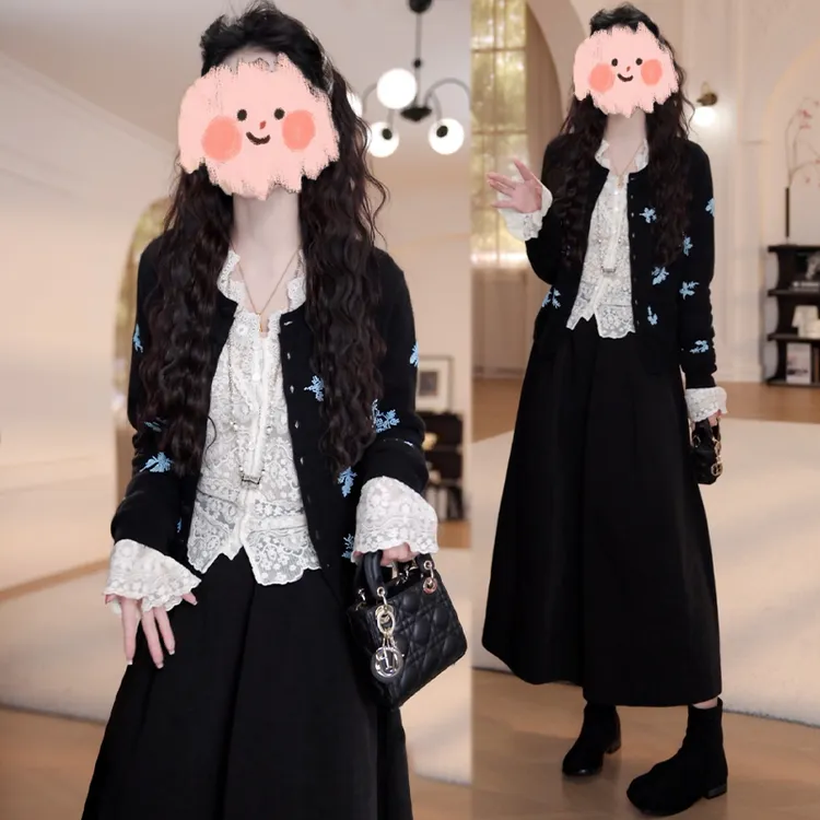 赫本风时尚套装女2025春秋新款蕾丝衬衫长袖针织开衫半身裙三件套