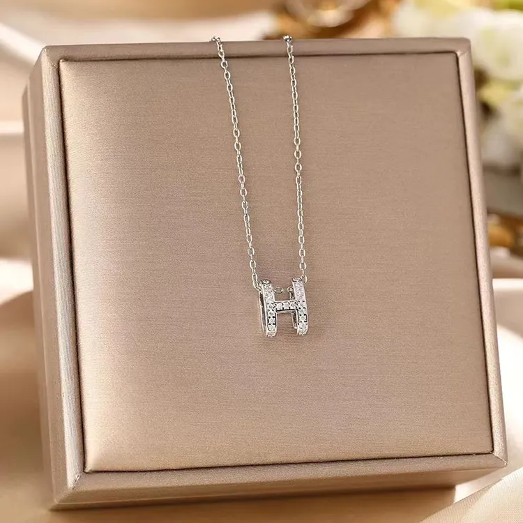 坠链均925银 满钻h字母项链女款纯银轻奢小众高级感锁骨链ins饰品