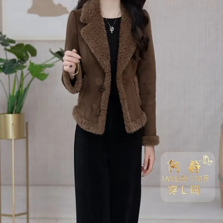 高级磨砂植绒皮毛一体加厚加绒外套裤子2025冬季新款显瘦保暖套装