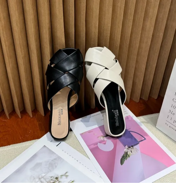 加宽加肥圆头低跟牛皮编织包头拖5139