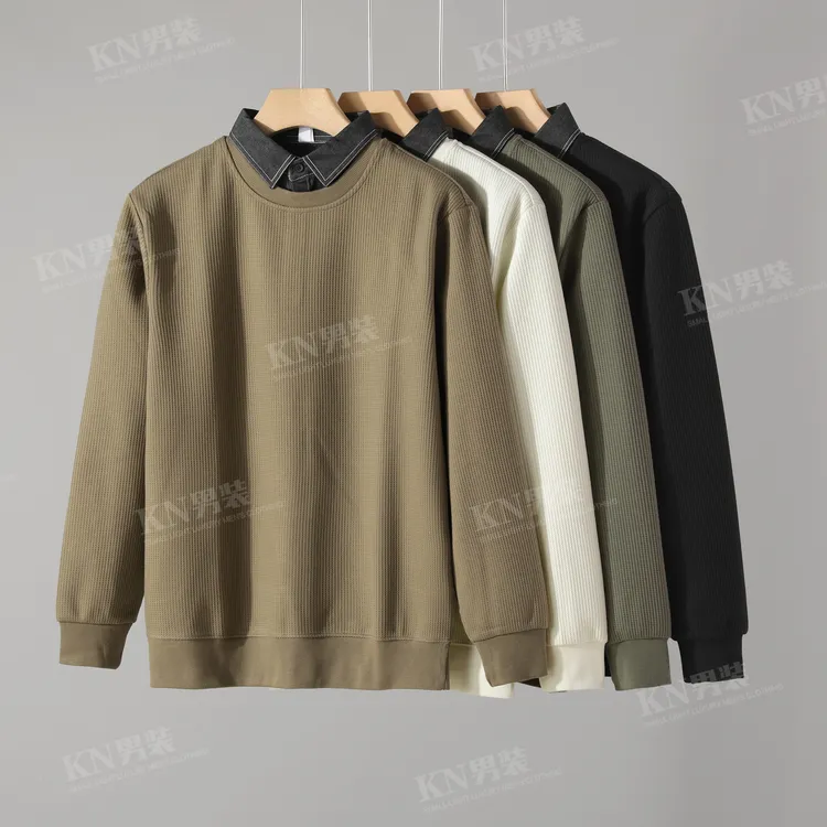 秋季琥珀流光牛仔衬衫领拼接假两件竖条纹肌理感针织衫时尚百搭男