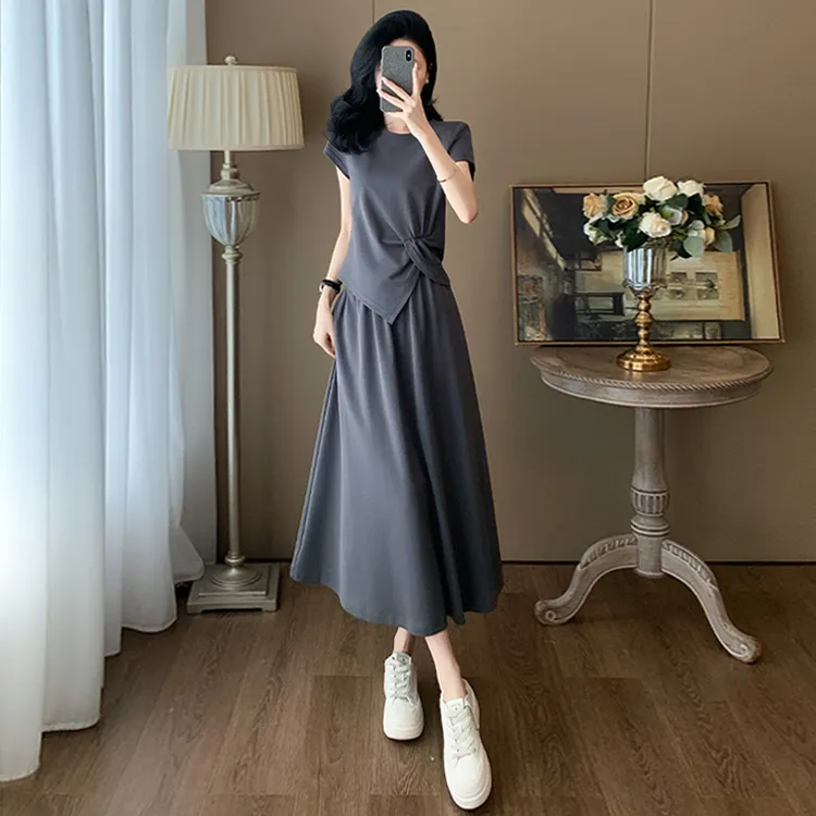 韩版时尚气质套装裙女夏新款不规则圆领上衣半身裙修身显瘦两件套