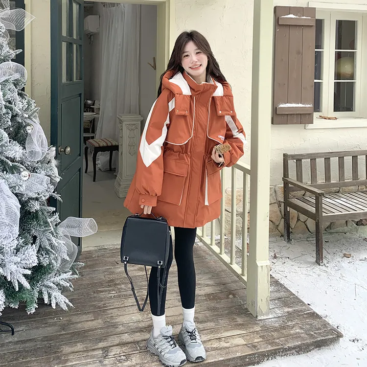 撞色派克羽绒服中长款女2024冬季超好看小个子时尚宽松加厚外套