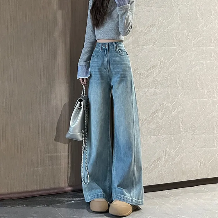 复古窄版阔腿牛仔裤女2025新款加绒高腰显瘦宽松垂感直筒拖地裤子