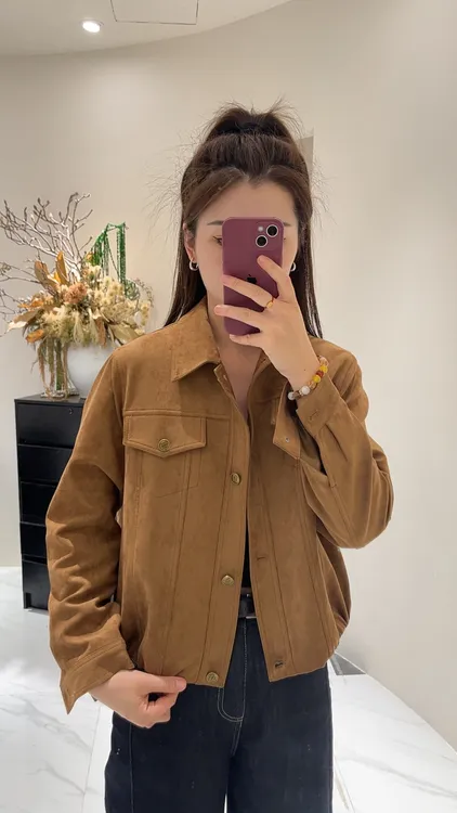 033欧货翻领鹿皮绒外套女2025秋新款宽松显瘦气质长袖夹克上衣