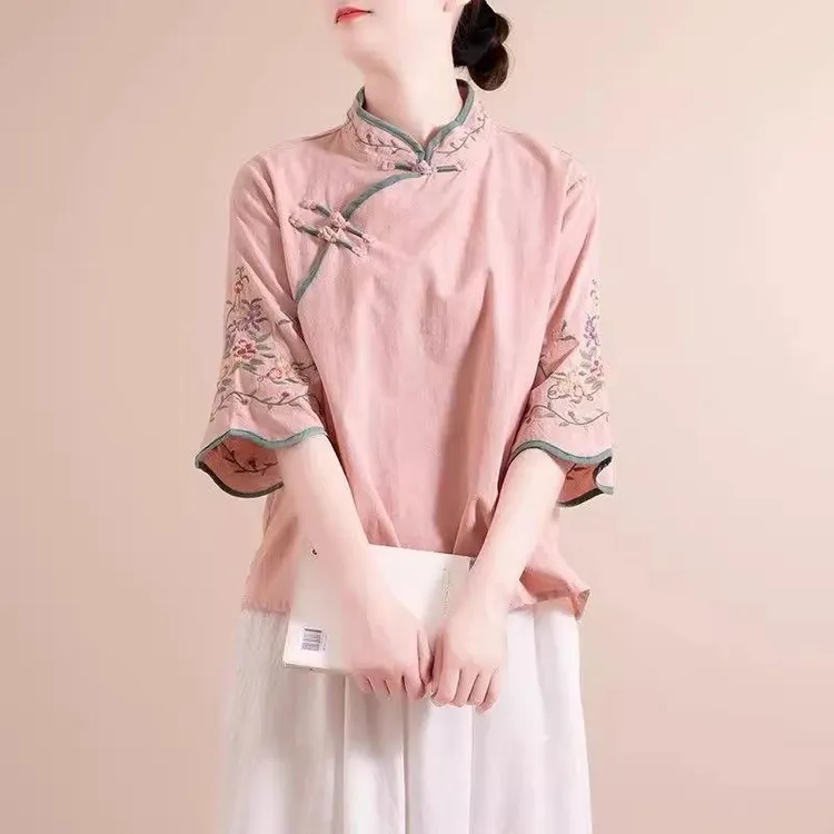 新中式夏季新款妈妈绣花盘扣斜襟宽松茶服上衣衬衫中国风文艺复古