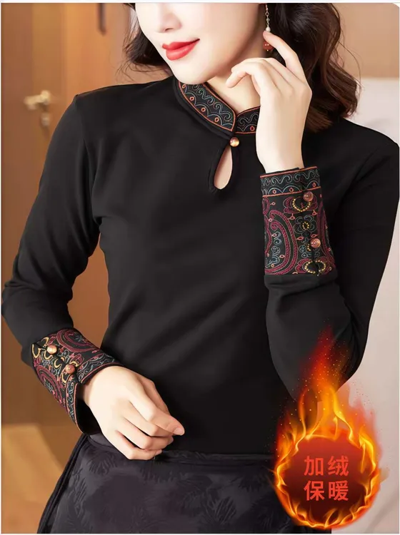 【晚霞】2025新款薄绒刺绣立领袖口弹力国风打底内搭中式打底衫内搭