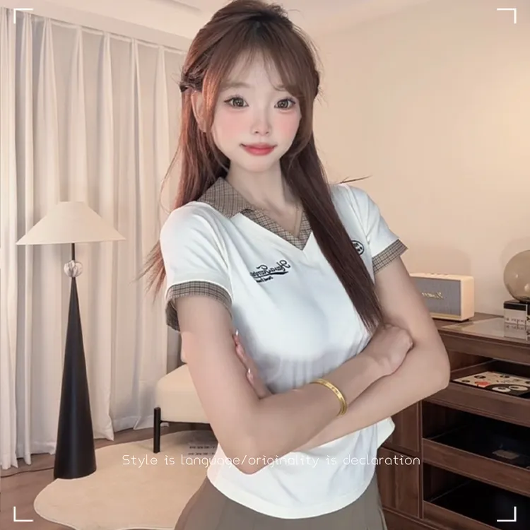 【现货】千鸟格纹撞色拼接字母刺绣高级上衣收腰显瘦修身短袖T恤女