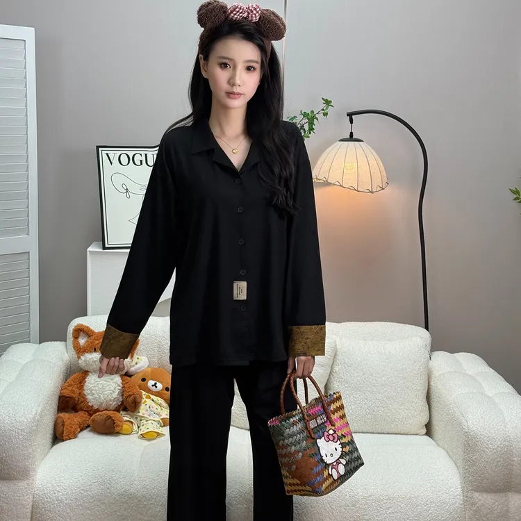 新款睡衣女棉氨春秋款长袖长裤休闲简约可外穿家居服套装