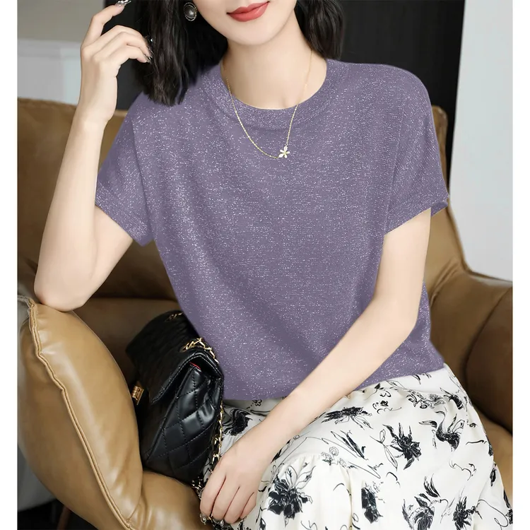温柔风设计细闪圆领宽松显瘦小飞袖t恤女装夏季时尚百搭薄款上衣