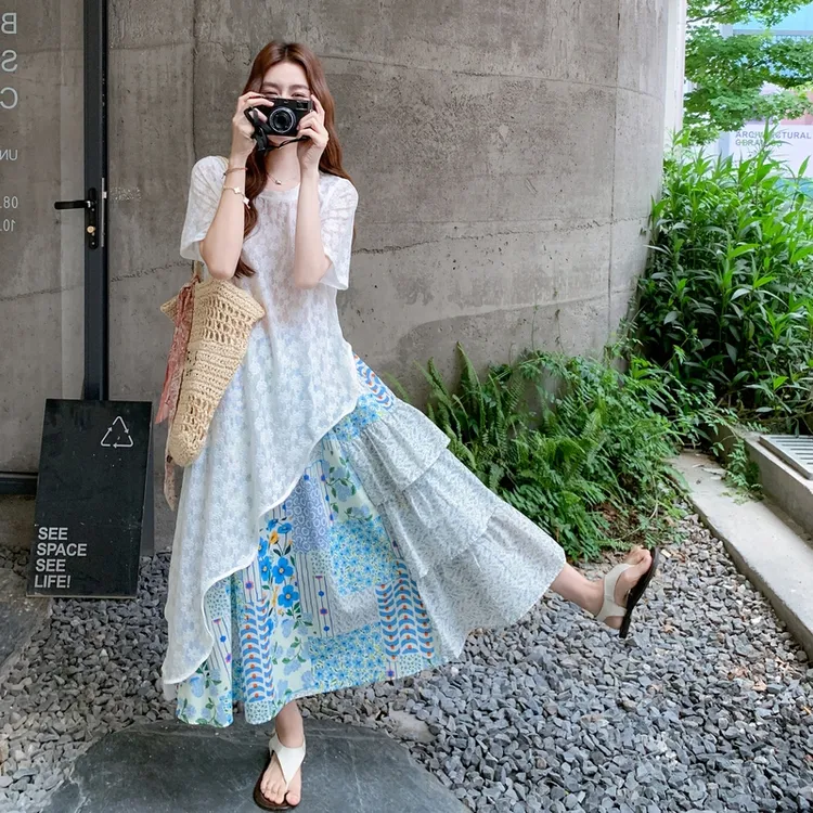 森系小清新氛围感套装裙女2025夏季新款设计蕾丝罩衫半身裙两件套