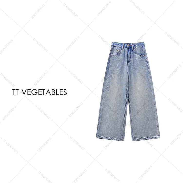 TT・VEGETABLES/【序白】星钻 个性闪钻吸睛高腰直筒牛仔裤女517808