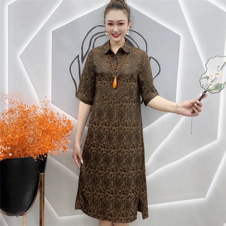 629新款翻领暗纹玫瑰提花显瘦中老年妈妈裙连衣裙夏季复古宽松