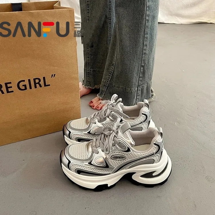 三福爆款百搭厚底老爹鞋女春秋小个子增高2025新款超火运动休闲鞋