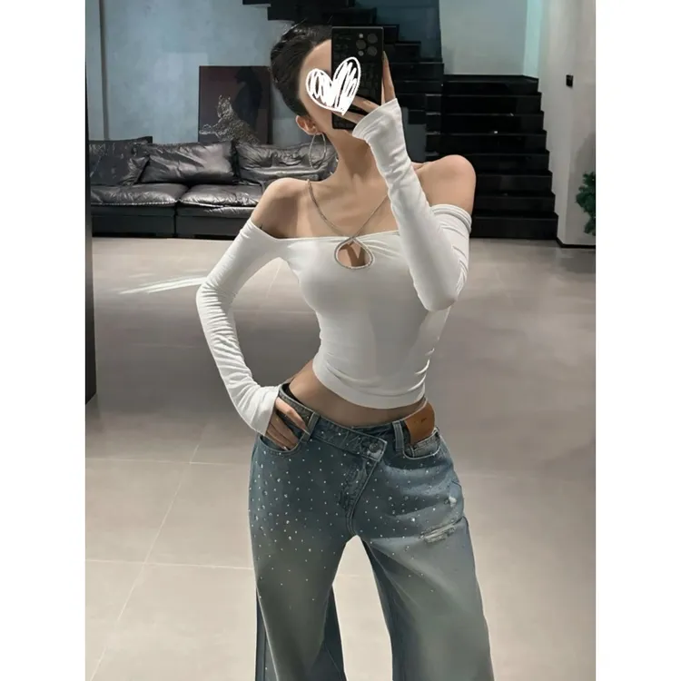 一字肩吊带长袖T恤女秋新款小心机镂空性感显瘦链条纯色上衣01852