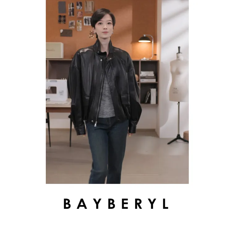 BAYBERYL老贝蜡摔立领时尚休闲干练口袋百搭秋皮衣PY5E2224-9/24