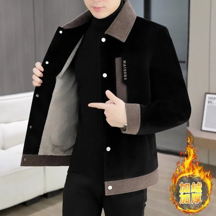 翻领修身青年拼色短款加绒加厚毛呢夹克冬季男士高级潮流呢子外套