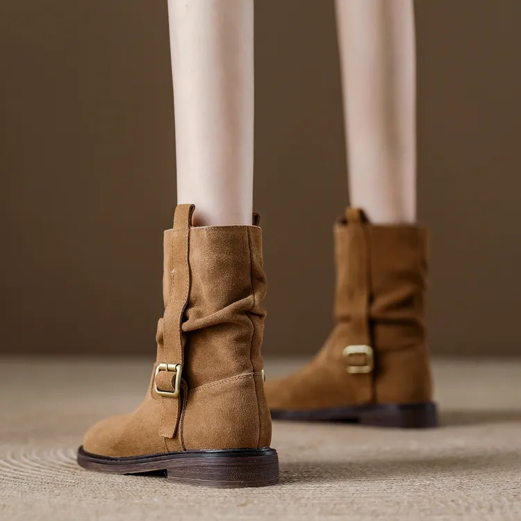 真皮厚底马丁靴女2025秋季新款中筒短靴时尚轻便软底休闲堆堆靴女