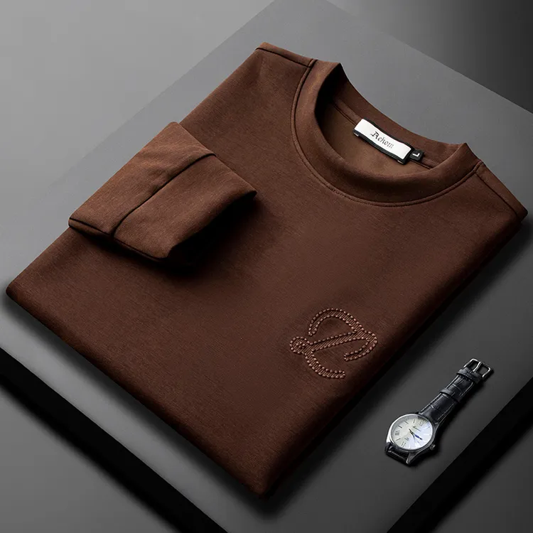 轻奢高端秋冬品质天丝醋酸套头卫衣男欧货修身潮流刺绣打底上衣男