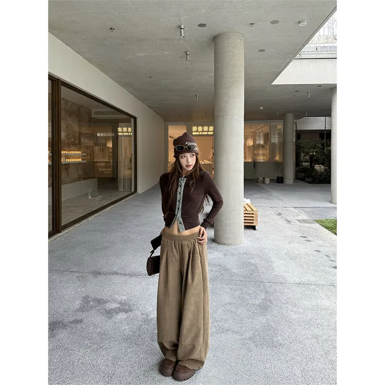 韩女feel条纹拼接收腰上衣女秋季新款圆领长袖T恤高腰直筒裤套装