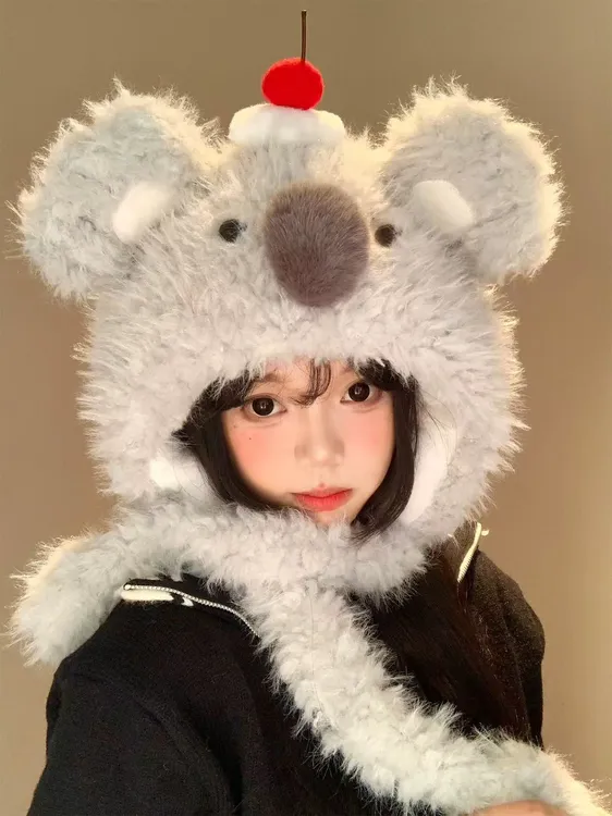 可爱蛋糕考拉毛绒帽女秋冬季显脸小加厚加绒保暖防寒护耳雷锋帽子