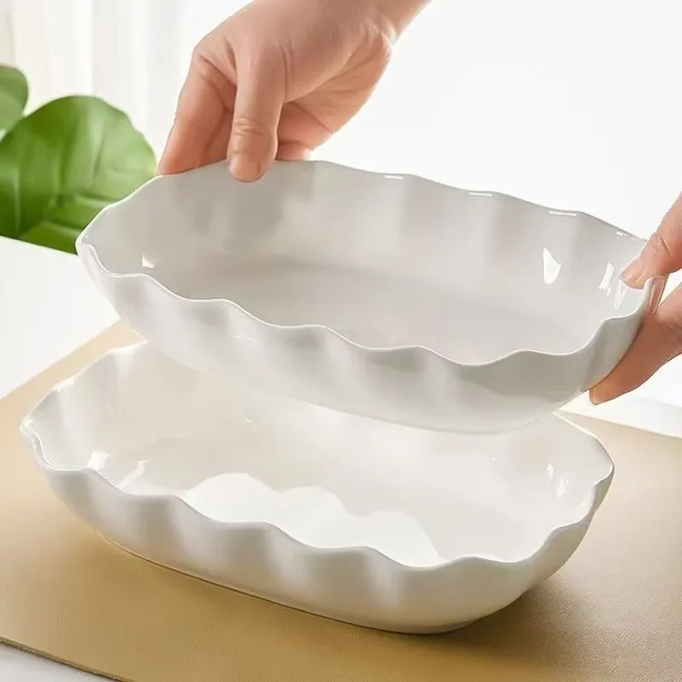 【10.5英寸鱼盘】家用深鱼盘ins蒸鱼盘子沙拉盘陶瓷荷叶鱼盘菜盘子