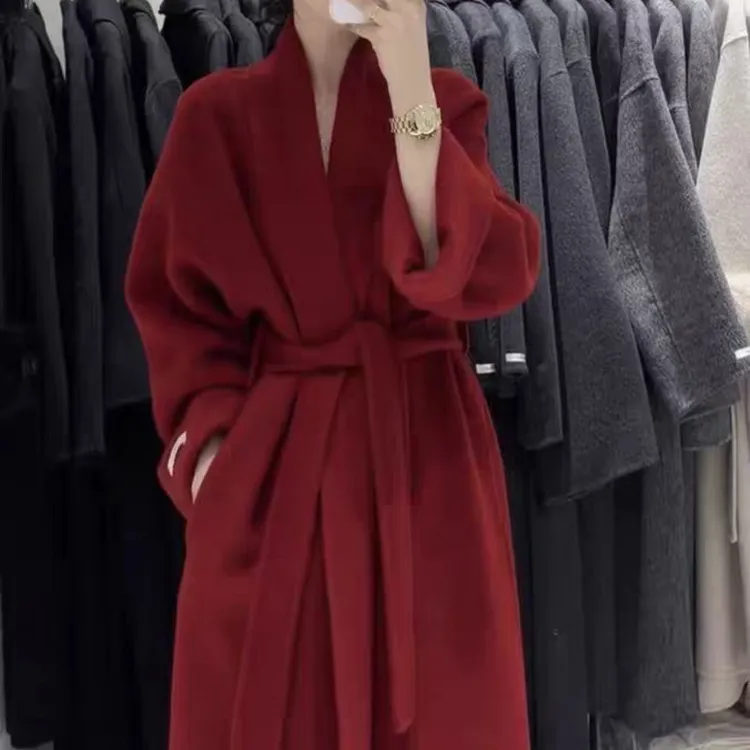 韩系高级感浴袍式双面羊毛大衣高个子版秋冬气质显瘦系带长款外套