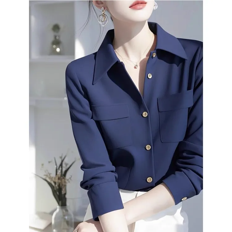 2025春季新款法式时尚高级感轻奢气质上衣独特漂亮藏蓝色翻领衬衫