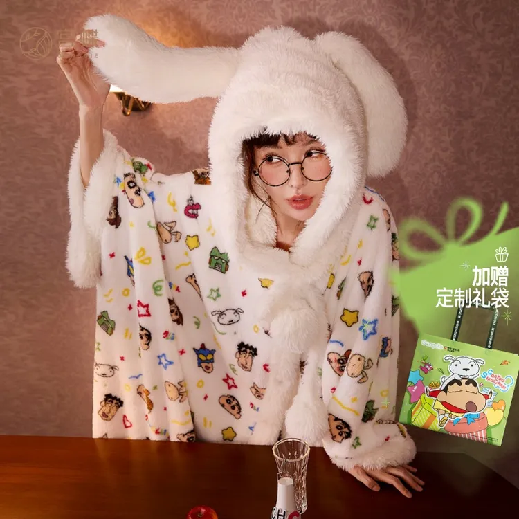 宫蝶【礼袋装】蜡笔小新秋冬季斗篷睡袍女加绒加厚贵妃绒睡衣家居服