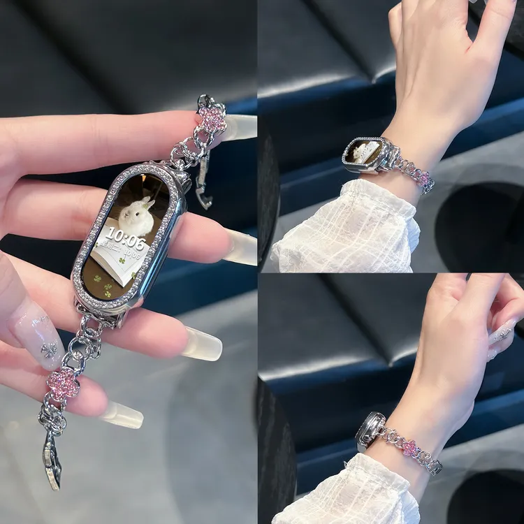 适用于小米手环10表带9/8幸运草镶钻金属7/6/5/4NFC版陶瓷版腕带