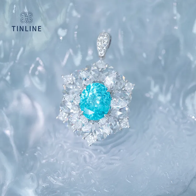 TINLINE 培育蓝宝石「凝霜」吊坠培育冰裂纹帕拉伊巴8克拉欧若风