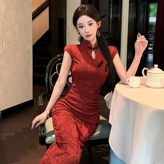 新中式复古红色旗袍连衣裙女夏季国风提花中长裙显身材开叉包臀裙