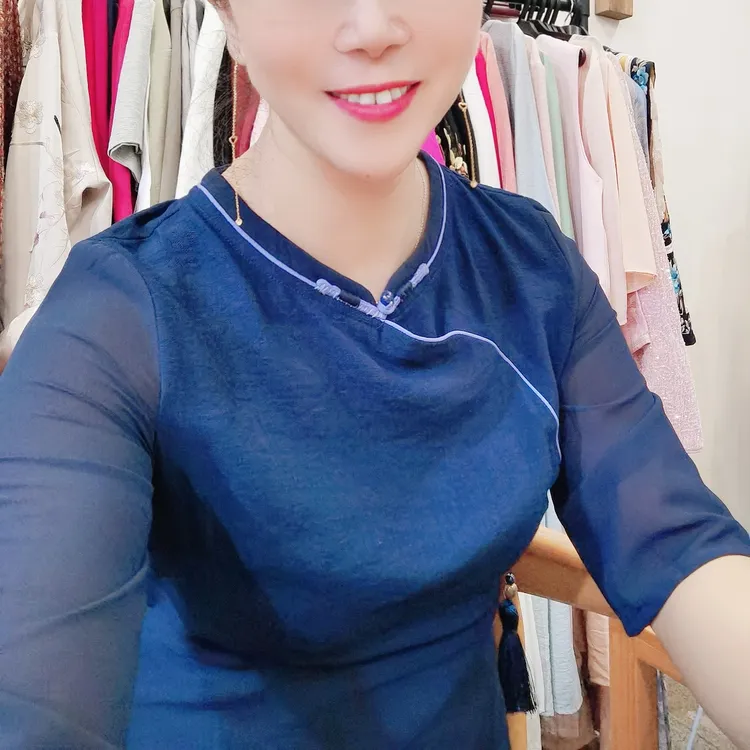 新款国风刺绣旗袍领中式长裙新中式休闲蓝色民族风复古改良版女裙