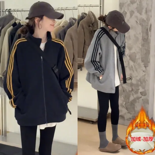 立领三条杠加绒加厚卫衣外套女2025冬季韩系流行时尚洋气保暖上衣