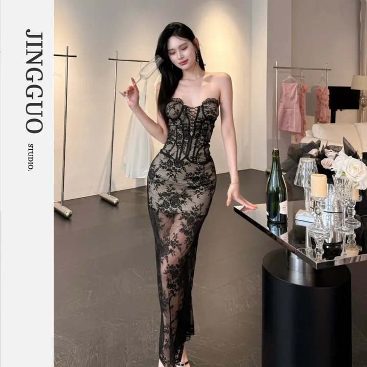 【JINGGUO轻奢】小众设计感法式性感辣妹纯欲蕾丝抹胸连衣裙7387