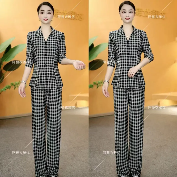 【衣雅严选】8055-2180#新款简约款烫金满天星长袖上衣+长裤两件套