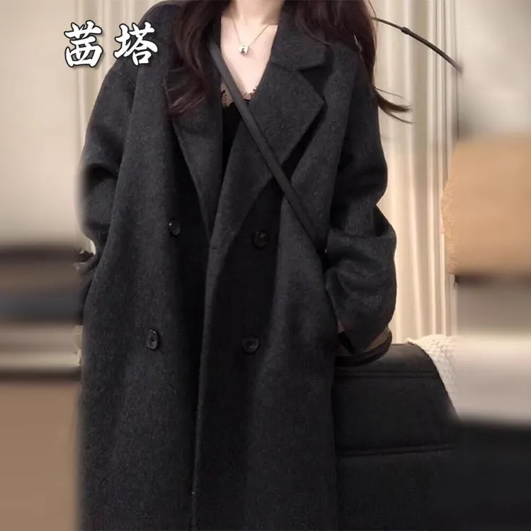 2025新款赫本风黑色毛呢大衣女秋冬季慵懒高级感宽松加厚呢子外套