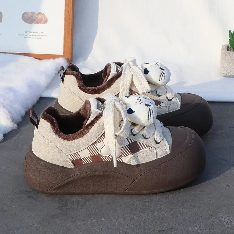2025秋冬季丑萌大头加绒厚底休闲鞋女保暖系带格纹面包学生二棉鞋