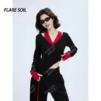 【FLARE SOIL】（现货）V领打底衫长袖休闲假两件修身型T恤 T4537A