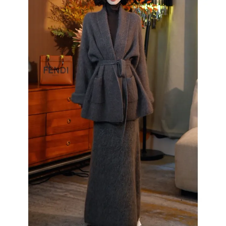 韩系名媛风灰色裙套装女2026春季新款绑带收腰高级感上衣+半身裙