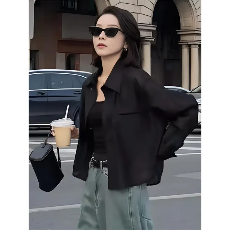 黑色衬衫2024新款女高级感宽松短款上衣长袖衬衣防晒开衫外套女夏