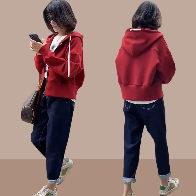 连帽衫卫衣女短外套春秋冬季新款加绒加厚小个子长袖上衣开衫拉链